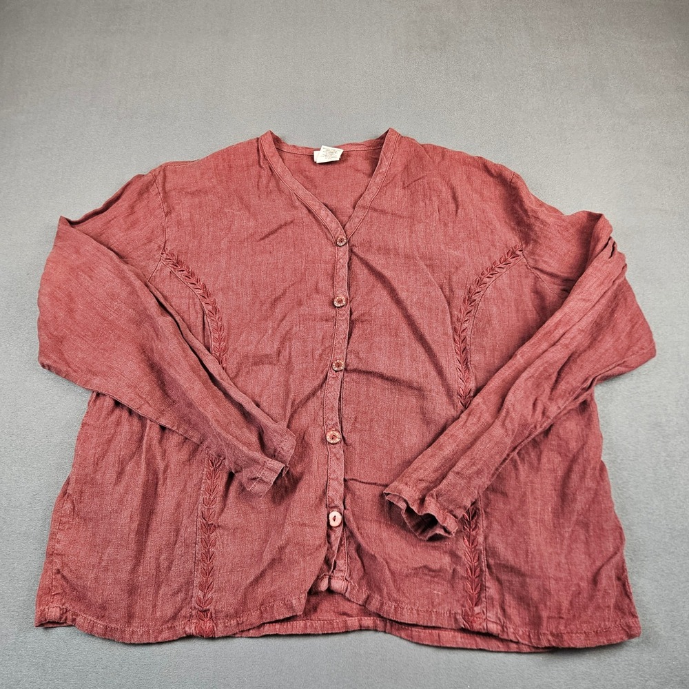 Marc Ware Womens Large Red 100% Linen Button Front Embroidered Blouse USA Made
